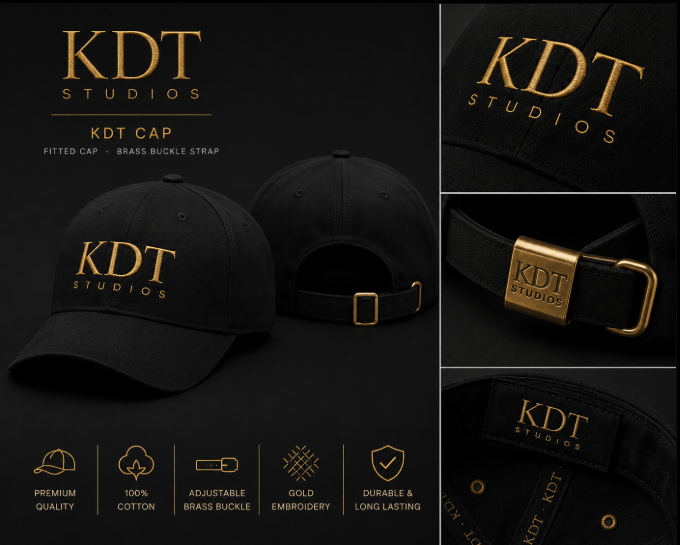 KDT Studios Cap — gold embroidered logo, brass buckle strap
