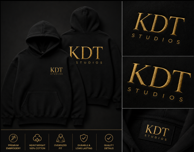 KDT Studios Hoodie — front and back, gold embroidered logo