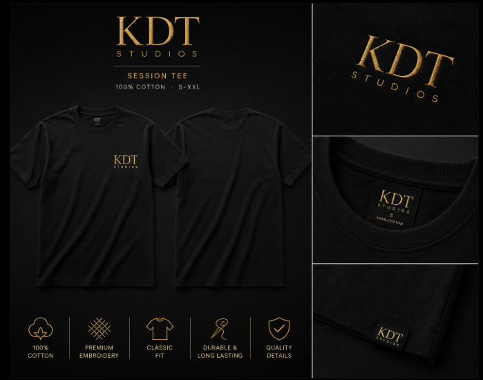 KDT Studios Session Tee — front and back, gold embroidered logo
